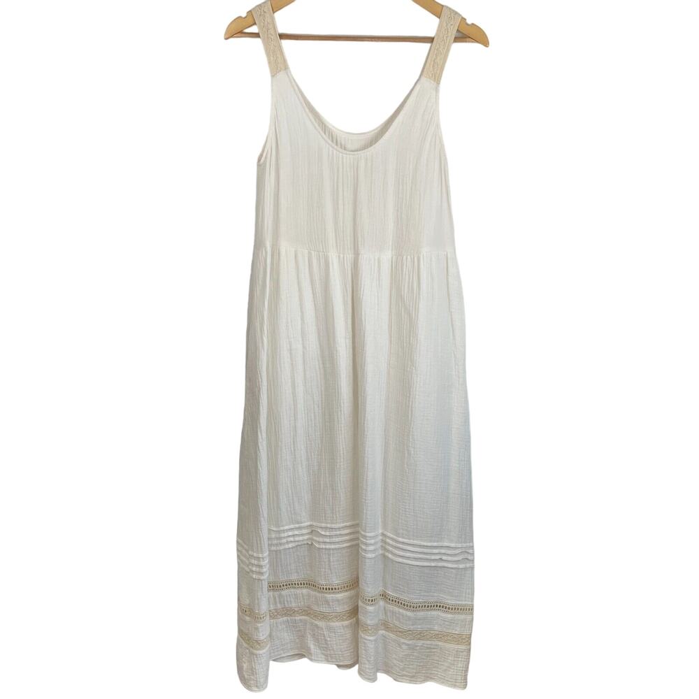 UpWest Plisse White Crochet Lace Detail Soft 100% Organic Cotton Maxi Dress M - Picture 7 of 16